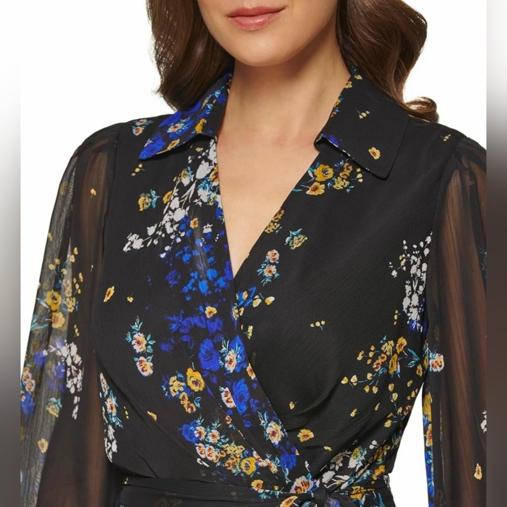 Dkny Black Floral Wrap Dress with Blue & Yellow Accents - Picture 3 of 14